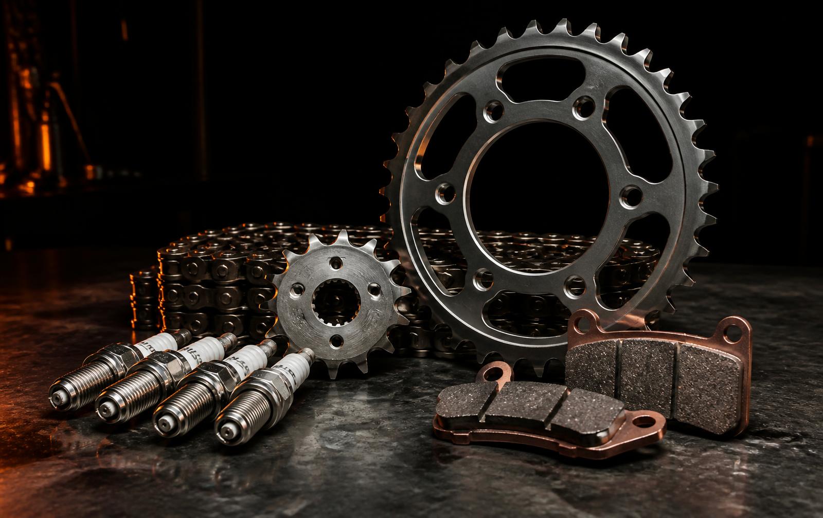Motorcycle chain kit, spark plugs and brake pads on a workshop bench